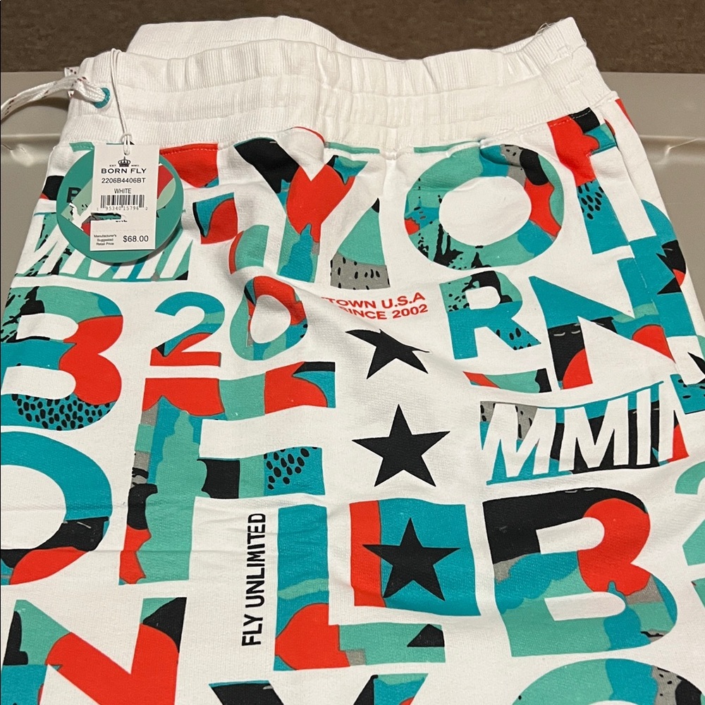 Born Fly White Graphic Jogger Shorts n shirt set sz 6XL- Teal & Red Print